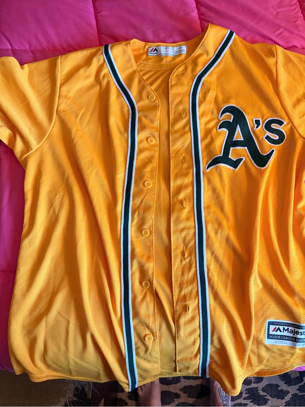 Majestic Oakland A's Gold Button-Up Baseball Jersey with Green Trim